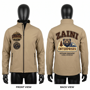 ZAINI <b>Men's</b> 220g Worsted Polyester Soft Shell Jacket <b>Khaki</b> Eco-Friendly Windproof Breathable Hooded Zipper Closure - Product Image 1