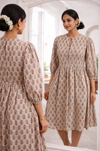 ชุดเดรสลำลองผู้หญิงลายดอกไม้สีเทาสุดหรู พิมพ์ลายด้วยมือ คอกลม แขนยาว มีกระเป๋าข้าง ใส่สบาย - Product Image 5