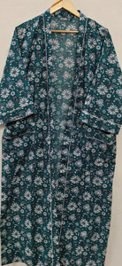 Bata Kimono Artesanal de Algodón Floral Verde Esmeralda, Transpirable y Ecológica, con Estampado Indio a Bloque, Larga - Product Image 5