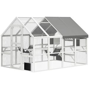 Catio in Legno da Esterno con Copertura Impermeabile, 2 Cucce, 6 Piattaforme e Ponte con Porte - Gabbia per Animali Domestici Bianca - Product Image 1