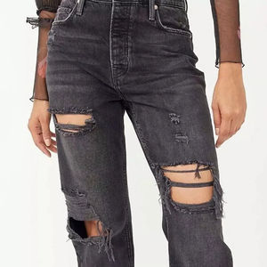 Pantalones vaqueros rectos de mezclilla para mujer, estilo Y2K, con logo personalizado, bordado, desgastados, rotos y lavados, venta al por mayor de fábrica - Product Image 2