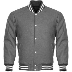<b>Men</b> Gray Varsity <b>Jacket</b> With <b>White</b> Striped Collar & Cuffs Casual Button Front Solid Color Polyester Cotton Blend Varsity <b>Jackets</b> - Product Image 1