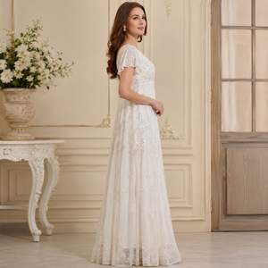 Elegant White Beaded Maxi Dress Women Scoop Neck Flutter Sleeve Embroidered Floor Length Gown Wedding Bridal Party Formal - Product Image 2