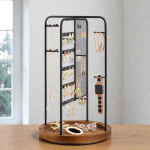 Organizador de Joyas Giratorio de 360 Grados Contemporáneo con Panel de Malla, Ganchos y Bandeja, Gran Capacidad, Almacenamiento Sin Enredos - Product Image 4