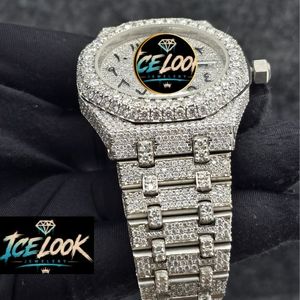 นาฬิกาข้อมือผู้ชาย Ice Look หรูหรา สายสแตนเลส หน้าปัดกลม 40 มม. ระบบควอตซ์ แสดงวันที่ ตัวล็อคแบบพับ สไตล์เพชร - Product Image 4