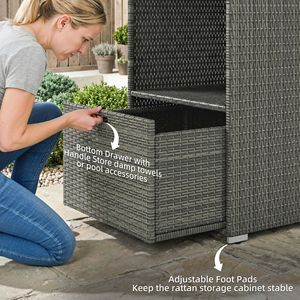 Portasciugamani da Piscina in Rattan Sintetico PE Resistente all'Acqua, 2 Ripiani, 1 Cestello, Cassetto, Grigio Scuro, Accessori per Piscina - Product Image 5