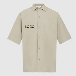 Chemise Oxford kaki à manches courtes pour homme, coupe oversize, couleur unie, respirante, décontractée, avec logo imprimé sur le devant, tricotée 100% coton vierge - Product Image 2