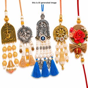 Ensemble de Rakhi traditionnel de créateur avec perles, pompons et décorations festives pour les cadeaux de Diwali - Product Image 1