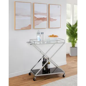 Carrito de Bar Metálico Hecho a Mano con Acabado Dorado, Estantes de Vidrio, Porta Botellas, Ruedas Giratorias de Lujo y Decoración Interior Contemporánea - Product Image 1