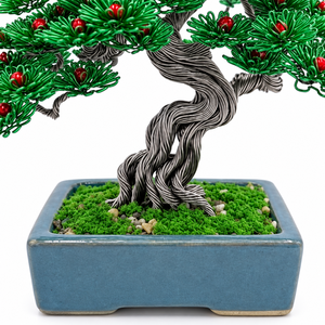 Árbol Bonsái Artificial de Alambre Metálico Hecho a Mano, Pino con Bayas Rojas y Hojas Verdes en Maceta Rectangular de Porcelana - Product Image 5