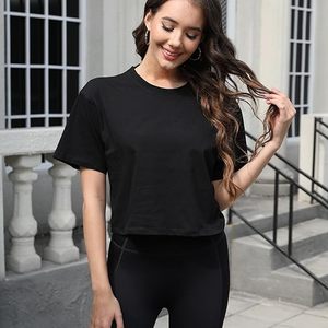 T-shirt court de sport pour femme 100 % coton, épaules tombantes, manches mi-longues, coupe oversize, pour yoga et course à pied - Product Image 3