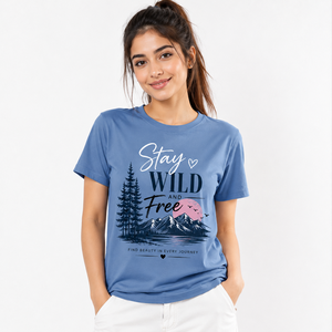 Camiseta de Cuello Redondo Azul Personalizada para Mujer, Manga Corta, Estampado Stay Wild Free, 100% Algodón, Casual, Transpirable, Corte Regular - Product Image 2