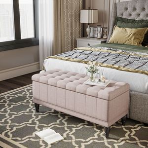 ม้านั่งเก็บของแบบออตโตมันผ้าลินินสีเบจ42 \ "พร้อมฝาปิดนุ่มสำหรับห้องนั่งเล่นห้องนอนเฟอร์นิเจอร์ทางเข้า - Product Image 2