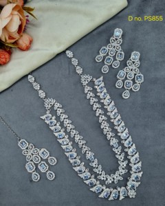 Double Layered Radiant Cut Stone Stuuded Fashion Necklace <b>Set</b> With Matching Earring Mang Tika Silver Plated Jewelry <b>Set</b> Supplier - Product Image 4