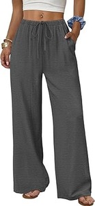 HS Wide Leg <b>Pants</b> for Women Flowy Palazzo Drawstring Elastic Waist Trousers with Pockets Summer Beach Vacation Clothes - Product Image 1