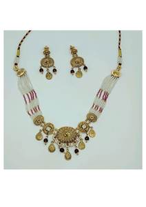 Conjunto de Collar Gargantilla Tradicional Plateado con Cuentas y Acabado en Oro Antiguo, con Gotas de Piedra Roja y Pendientes a Juego - Product Image 2