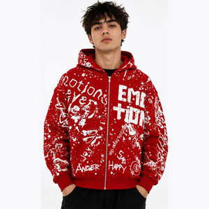 Sweat à capuche zippé oversize rouge pour homme, style streetwear, imprimé motif émotionnel, en polyester tricoté respirant, idéal pour l'automne - Product Image 4