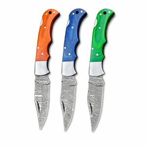 Cuchillos plegables de bolsillo Burraq de acero de Damasco con mango de madera y funda de cuero, para camping al aire libre, multicolor, calidad DIY, OEM, clip de 9 pulgadas - Product Image 1