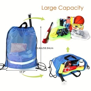 Large Capacity Mesh <b>Drawstring</b> <b>Backpack</b> Sports Gym Beach Travel Bag Lightweight Blue Black Swim Storage Sack - Product Image 3