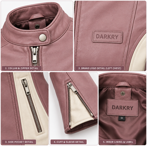 Chaqueta de cuero Dusty Rose para mujer, color blanco roto, con paneles laterales curvos, cuello mandarín, estilo motero, corte ajustado, puños con cremallera, personalizada, estilo racer para pista. - Product Image 6