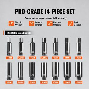 Set di chiavi a bussola a impatto da 1/4 di pollice, 14 pezzi, metriche profonde, 4x15mm, a 6 punte, in acciaio legato Cr-Mo, con indicatore di misura, per riparazioni auto - Product Image 4