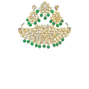 Conjunto de Joyería Clásico Indio para Mujer, para Boda, Compromiso, Aniversario, Color Verde Tradicional, con Cristales, Perlas de Imitación y Aleación Dorada - Product Image 3