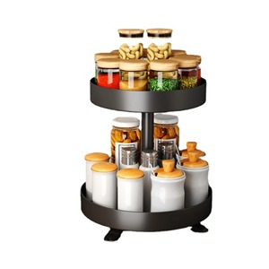 Estante para especias de metal negro redondo de 2 niveles, perfecto para mantener las especias perfectamente organizadas y fáciles de encontrar. Venta al por mayor desde India. - Product Image 1