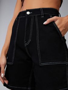 Shorts en jean noir décontractés, coupe ample, écologiques, en coton lavé, pour femmes, longueur genou. - Product Image 2