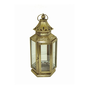 Farol de vela octogonal marroquí de metal pulido en cobre y oro rosa con paneles de vidrio texturizado en relieve y techo de cúpula perforado con diseño de lazo - Product Image 4