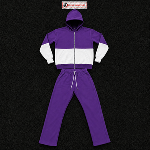 Ensemble de survêtement décontracté à capuche avec blocs de couleur violet et blanc, fermeture éclair sur toute la longueur, pour adulte, tenue de sport d'automne - Product Image 5