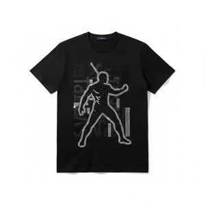 T-shirt à manches courtes noir pour homme avec motif en strass, col rond, coupe classique, tissu jersey décontracté, 100% coton - Product Image 1