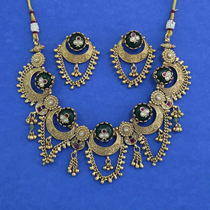 Mayoristas de Joyería Artificial en India, Conjunto de Collar de Estilo Antiguo con Baño de Oro Mate 231484 - Product Image 2
