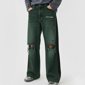 <b>Men's</b> Green Ripped Straight <b>Jeans</b> Mid Waist Distressed Canvas Organic Cotton Lightweight Casual Street Style Pants Autumn Wear - Product Image 4