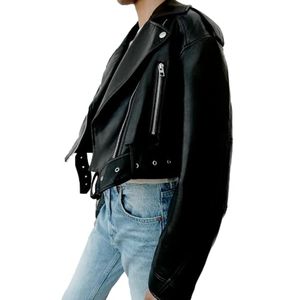 <b>Women</b>’s Faux Leather Cropped Biker <b>Jacket</b>, Lapel <b>Zip</b>-<b>Up</b> Short Coat with Belt, Slim Fit Motorcycle-Style Outerwear - Product Image 5