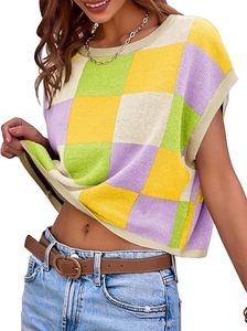 เสื้อครอปแขนกุดลายสก็อตผ้าแจ็คการ์ดสำหรับผู้หญิง สวมใส่สบาย ระบายอากาศได้ดี เหมาะสำหรับฤดูร้อน ผ้าถักบางเบา สีสันตัดกัน ซักได้ ไม่เป็นขุย - Product Image 4