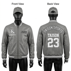<b>Mens</b> Premium 420 GSM PU <b>Leather</b> <b>Jacket</b> Khaki Cream Contrast Panels Chenille Embroidery Custom Logo <b>men's</b> <b>Leather</b> <b>Jacket</b> - Product Image 2