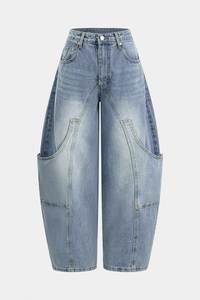 Pantalones Vaqueros de Moto de Pierna Recta de Cintura Alta para Hombre, Tallas Grandes, Lavado a la Piedra, 100% Algodón, Bolsillos de Parche, Ajuste Regular, Cierre de Botones, Estilo Casual - Product Image 4
