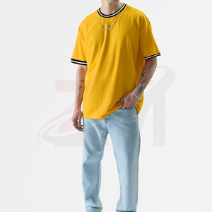 Novedades: Camiseta de manga corta amarilla para hombre, corte oversize, ribete en contraste, cuello redondo, estilo casual, de algodón, venta al por mayor - Product Image 2