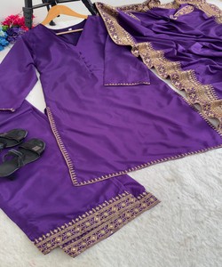 Salwar Kameez en soie violette avec dupatta brodée, tenue ethnique pour femmes, pour mariage et fêtes, style Inde Pakistan, MBL-DN-589 Hamia 85334 - Product Image 4