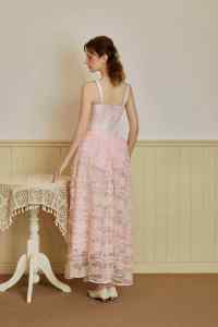 High Quality Vietnam Maxi Length Casual <b>Dresses</b> Sleeveless Strap Square Neck Hellen 3D Floral Lace Jacquard Slip <b>Dress</b> KD46 - Product Image 2