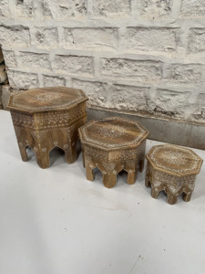 Solid <b>Wooden</b> Hand Painted Nesting <b>Tables</b> Set of 3 Octagonal Brown <b>Coffee</b> <b>Tables</b> with Traditional White Tribal Patterns - Product Image 6