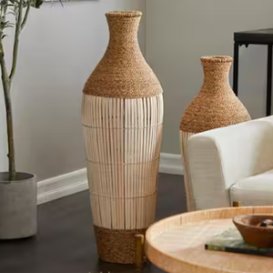 Set of two <b>small</b> patterned woven rattan <b>vases</b> with wide rims and round bodies, available at wholesale prices. - Product Image 2