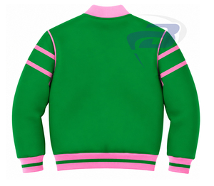 Alfa |   Kapa |   Chaqueta Varsity para Mujer Alpha, Verde y Rosa, con Letras Griegas Bordadas, Cierre Frontal, Estilo Preppy, Cuello y Puños con Cierre - Product Image 2
