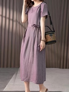 Robe longue en lin à col rond et manches courtes, coupe ample, couleur unie, respirante, décontractée, pour femme, idéale pour l'été - Product Image 4