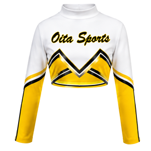 Yellow White Sublimated Cheer <b>Long</b> Sleeve Uniform Set Pleated <b>Skirt</b> Team Athletic Sportswear Training Practice Performance - Product Image 1