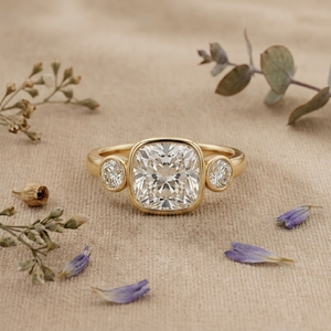 แหวนหมั้นเพชรทรงคุชชั่นเซ็ตแบบเบเซล 14K ทองคำ ประดับเพชรแล็บโกรว์ 3 เม็ด พร้อมใบรับรอง IGI สำหรับวันครบรอบแต่งงาน - Product Image 1