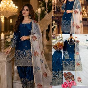 Pure Fendy Silk 3mm Sequined Pearl Studded Short Top Farshi Palazzo Brush Print Organza <b>Scarf</b> Stitched Set KW 1154 - Product Image 4
