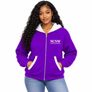 Sudadera con capucha y cremallera completa para mujer NCNW Sorority, color marrón claro con contraste, manga larga, letras griegas bordadas, estilo casual - Product Image 1