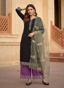 Women's Black And Purple Embroidered Salwar Suit With Green Dupatta Traditional Indian Pakistani Style Ankle-Length Regular Fit - Product Image 2