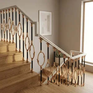 Barandal de Escalera Elegante en Dorado y Negro con Diseño Ovalado Decorativo para Casas de Lujo, Interiores de Dúplex, Decoración de Balcones y Pasillos - Product Image 6